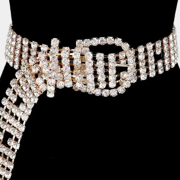 Gold Crystal Embellished Chain Shiny Bling Belt Cute Fashion Statement Accessory - Picture 2 of 3